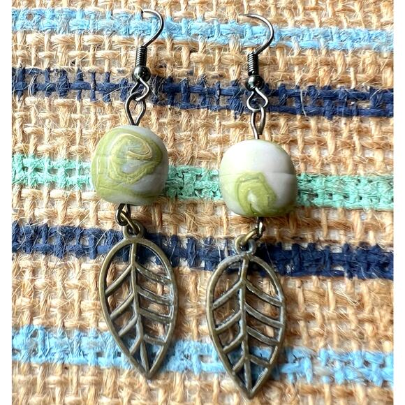 Artisan Brass Leaf with Green Swirl Clay Bead Dangle Earrings 2.5" Long - Picture 1 of 4